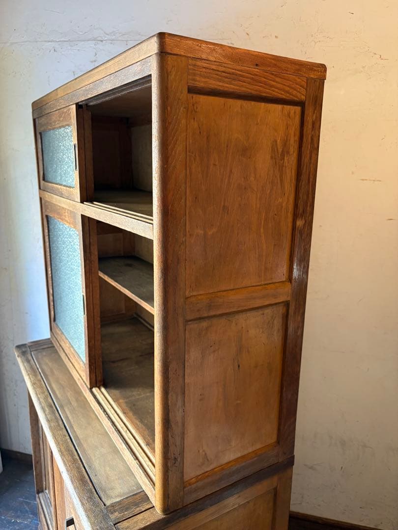 ダイヤガラス 作業台付き　レトロ 木製 キャビネット 水屋 食器棚 アンティーク