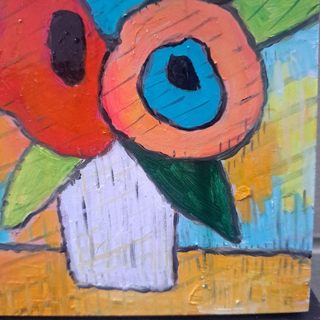 木製ジェッソパネル油絵　　専用　白い花瓶に入れたお花