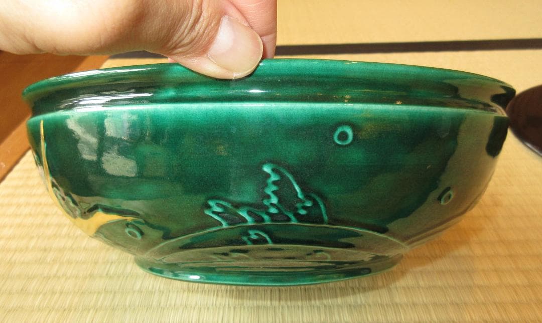 送料込【逢絢亭】茶道具 平水指 萬古焼 青交趾 荒磯の図 割蓋付 加賀瑞山 共箱