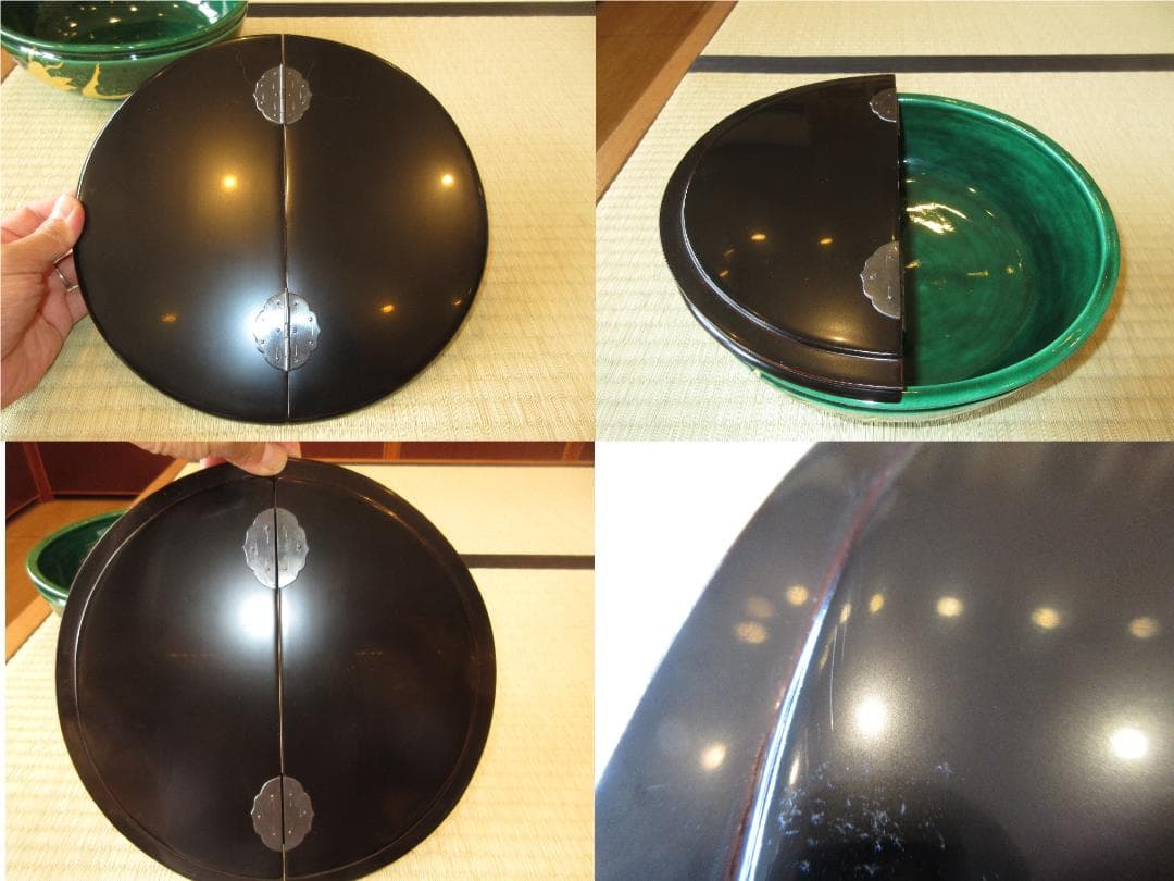 送料込【逢絢亭】茶道具 平水指 萬古焼 青交趾 荒磯の図 割蓋付 加賀瑞山 共箱