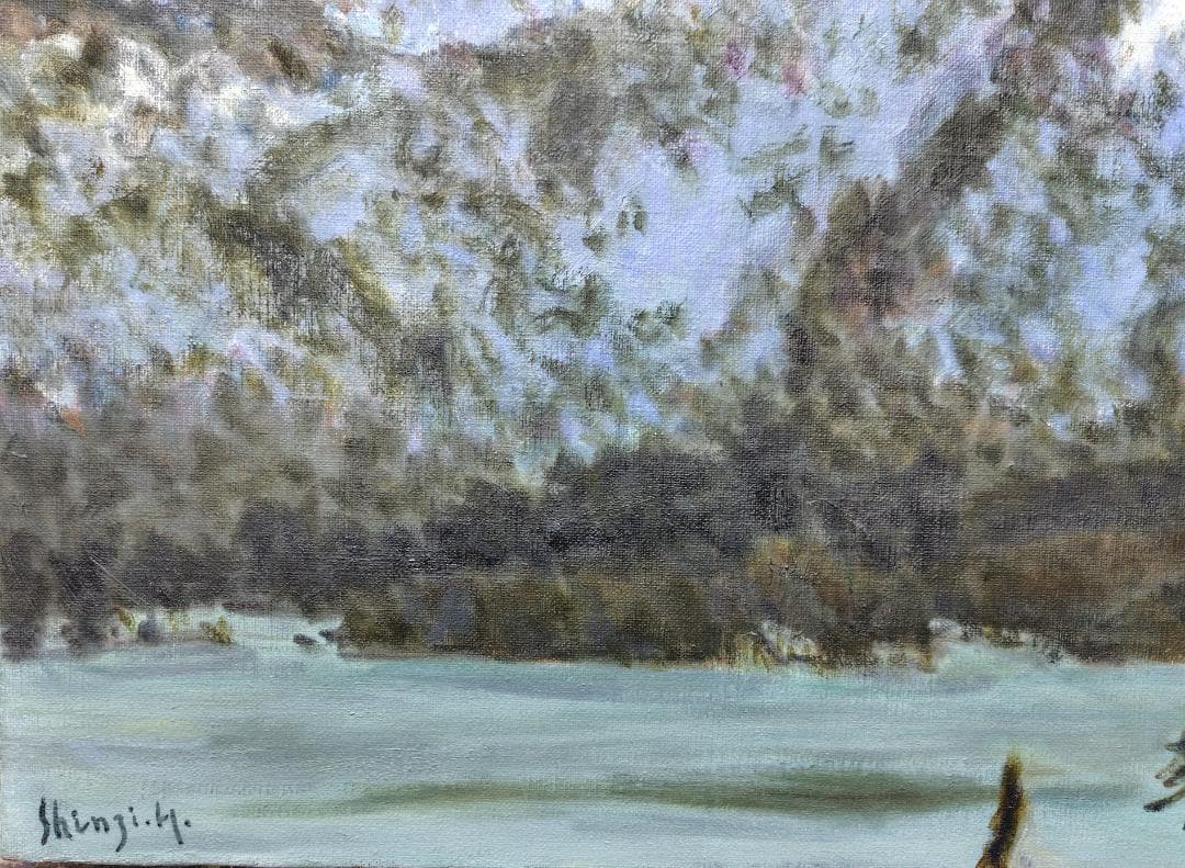 「厳冬の朝陽」2005 F15 絵画 油絵 油彩画 燧ヶ岳 尾瀬ヶ原