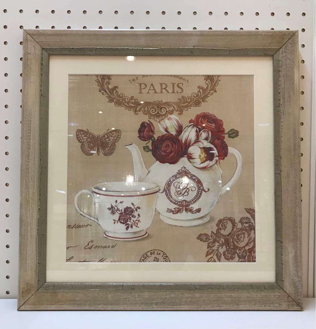 イタリア製　額絵　赤いティーポットと薔薇