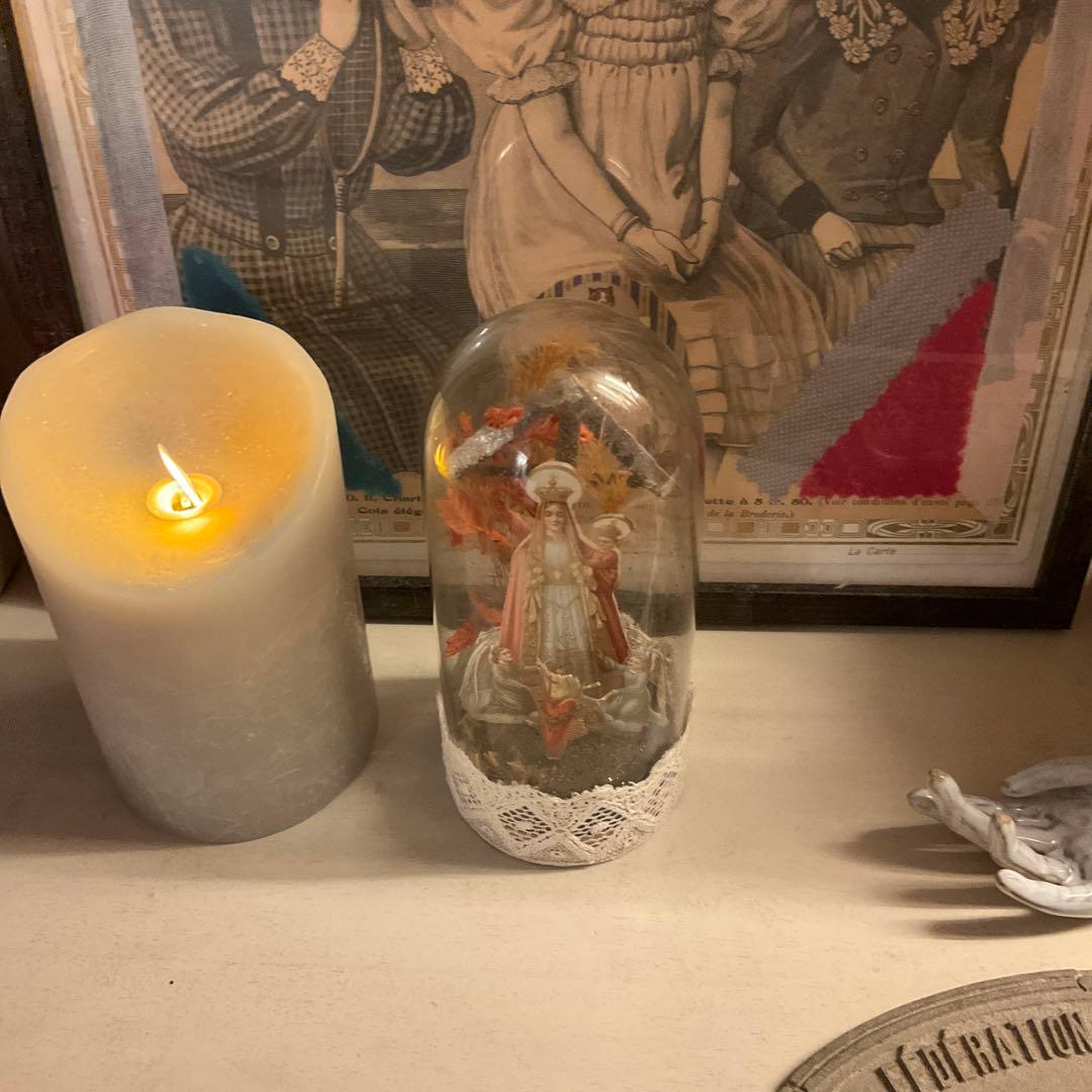 フランスアンティーク　ガラスドーム　聖母子　天使　クロモス　オブジェ　クリスマス