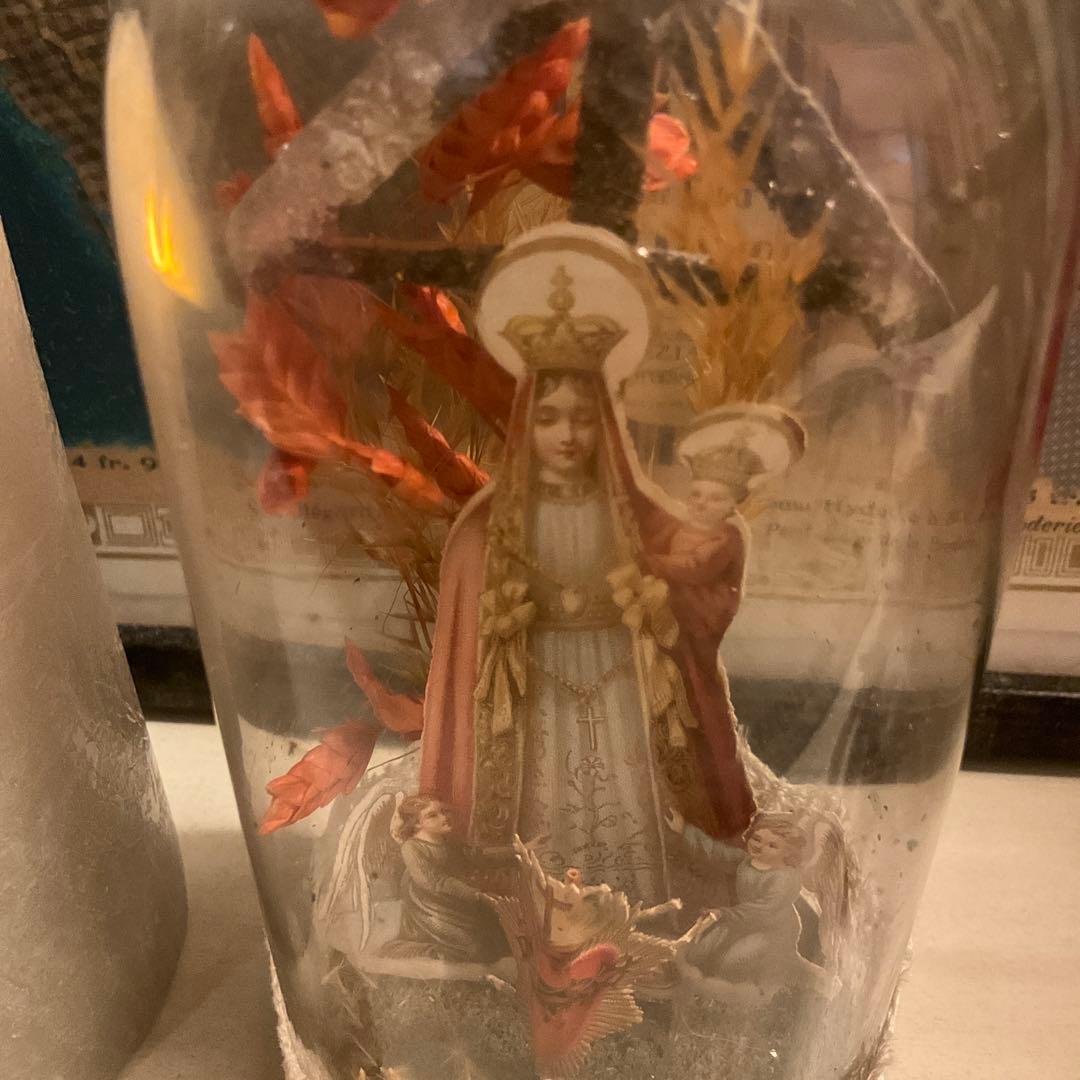 フランスアンティーク　ガラスドーム　聖母子　天使　クロモス　オブジェ　クリスマス