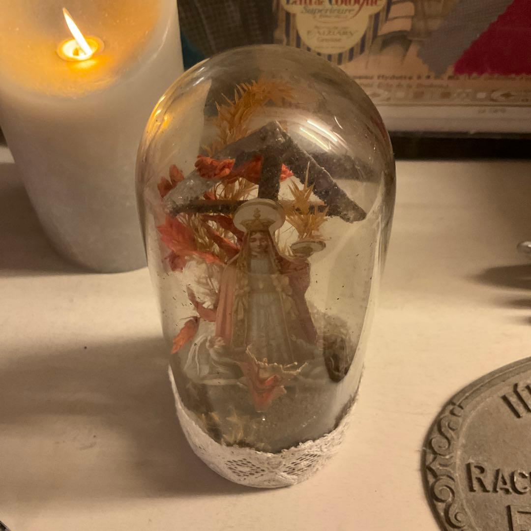 フランスアンティーク　ガラスドーム　聖母子　天使　クロモス　オブジェ　クリスマス