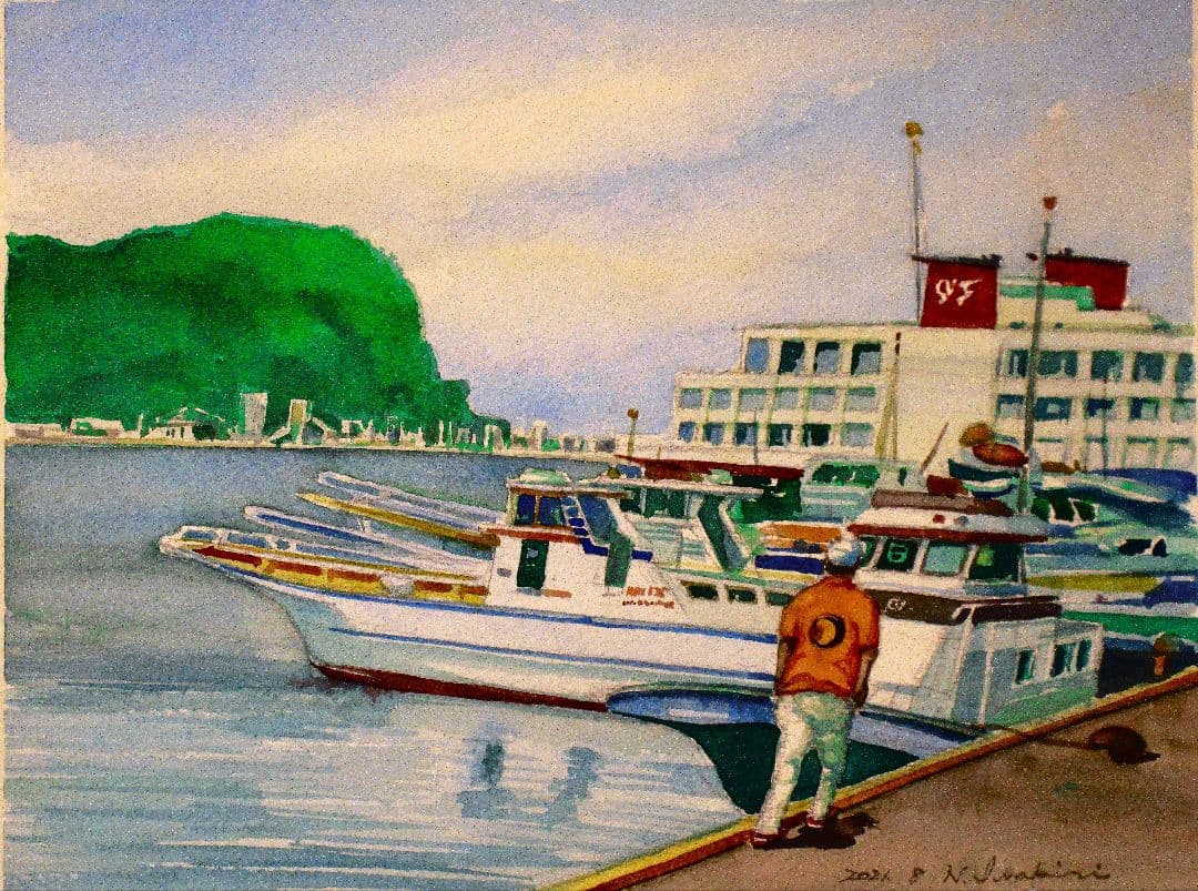 水彩画 港の風景 原画 F6サイズ 額装済み