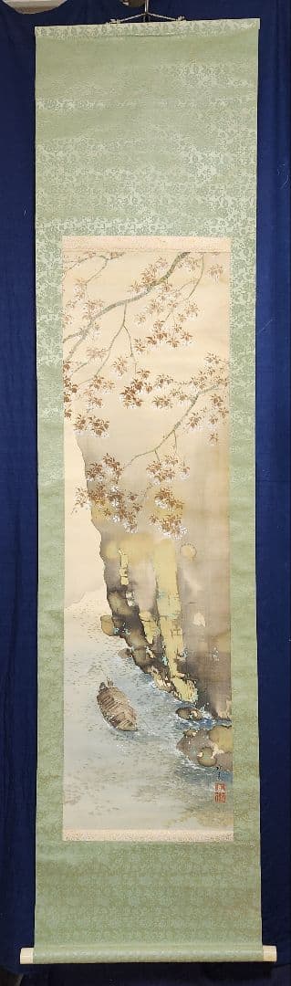 【桜花風景図】山田秋衛 998 屋形船 花見 掛け軸　肉筆