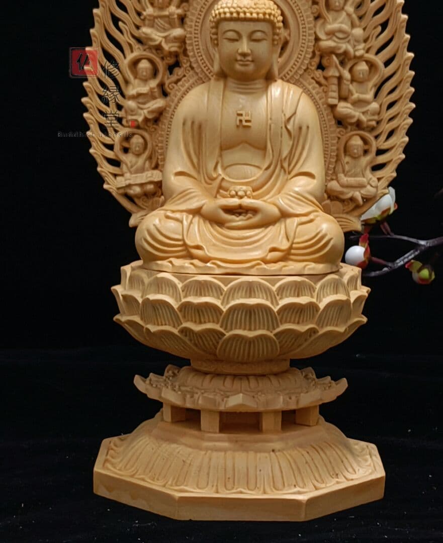 【修縁堂】木彫り 仏像 釈迦如来座像 彫刻 一刀彫 天然木檜材