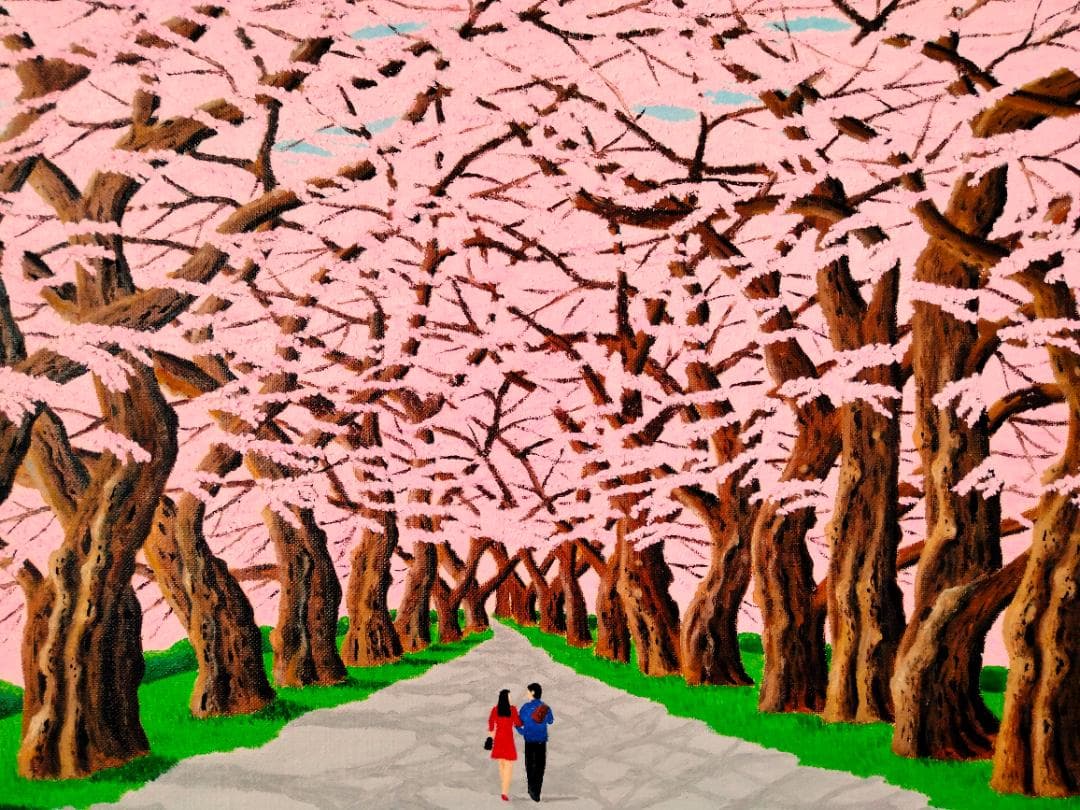 ★桜並木・肉筆油彩画・F6キャンバス