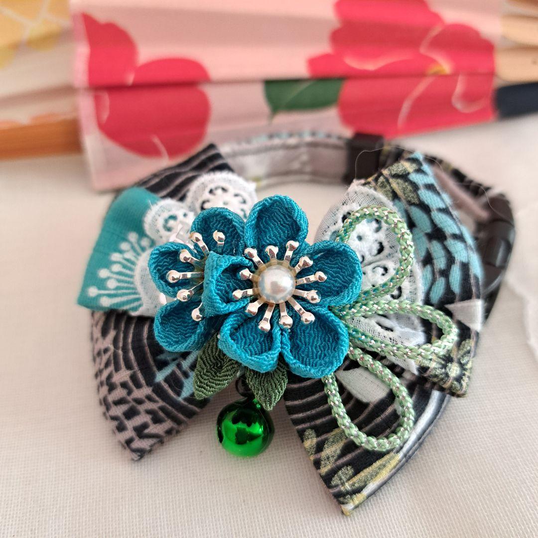 ダブルリボン、和風つまみ細工(エメラルド)わんちゃん猫ちゃん用首輪