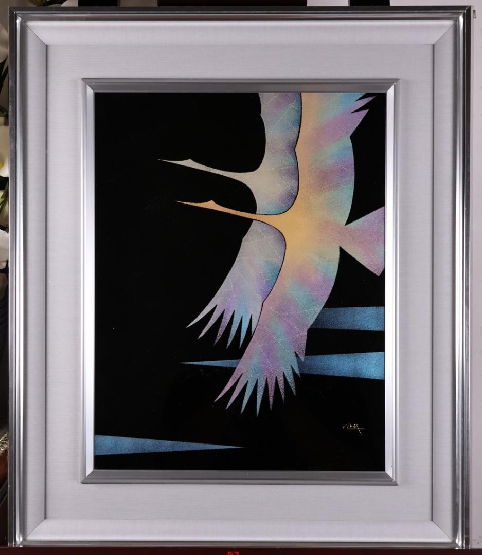 真作　輪島塗沈金　日展作家　加治武　「 双鶴飛翔 」 漆芸画　6号　BJ243