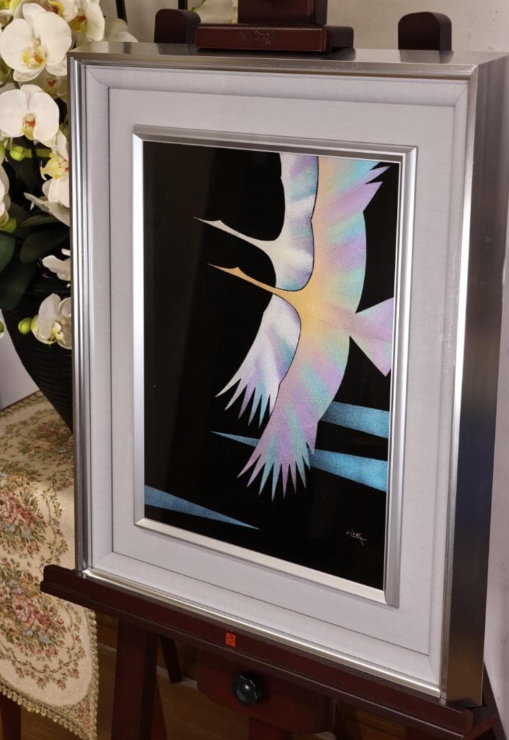 真作　輪島塗沈金　日展作家　加治武　「 双鶴飛翔 」 漆芸画　6号　BJ243