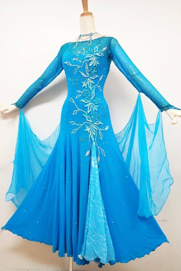 B1307★水色/スワロフスキー/ワンピース/スタンダードドレス☆社交ダンス