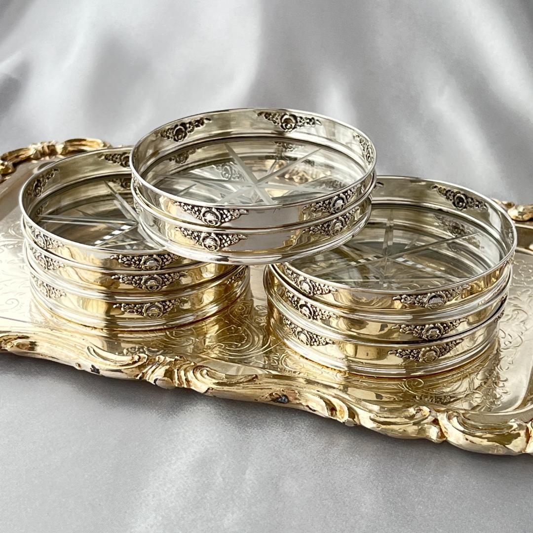 【Webster】薔薇のレリーフのコースター 8枚【純銀 / ガラス】