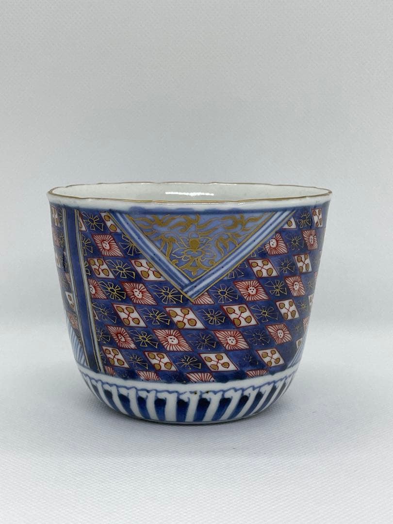 【和食器】江戸後期　古伊万里　幾何学文染錦蕎麦猪口　向付　色絵