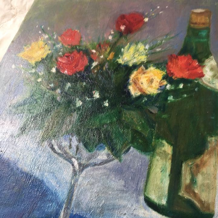 油絵　画家・尾形民子　バラとレモンと瓶の油絵