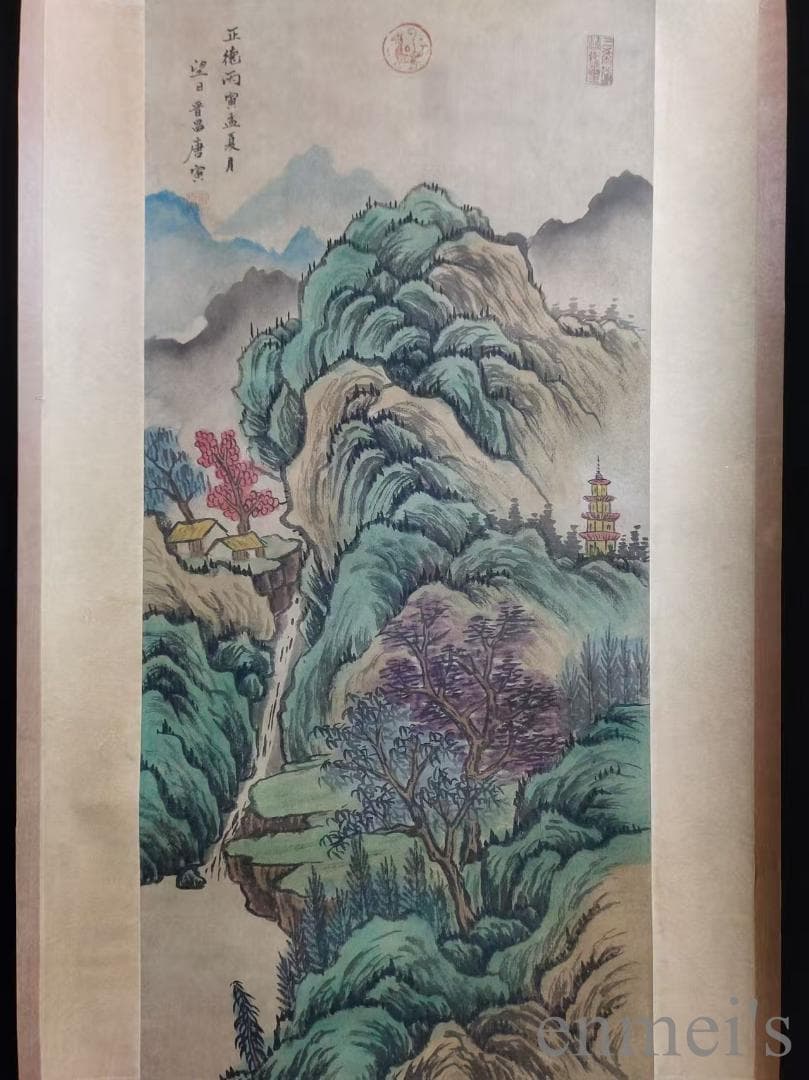 中国古美術.唐寅款.山水画.宣紙画.三尺手描き.肉筆.掛け軸.絵画.書道.水墨画