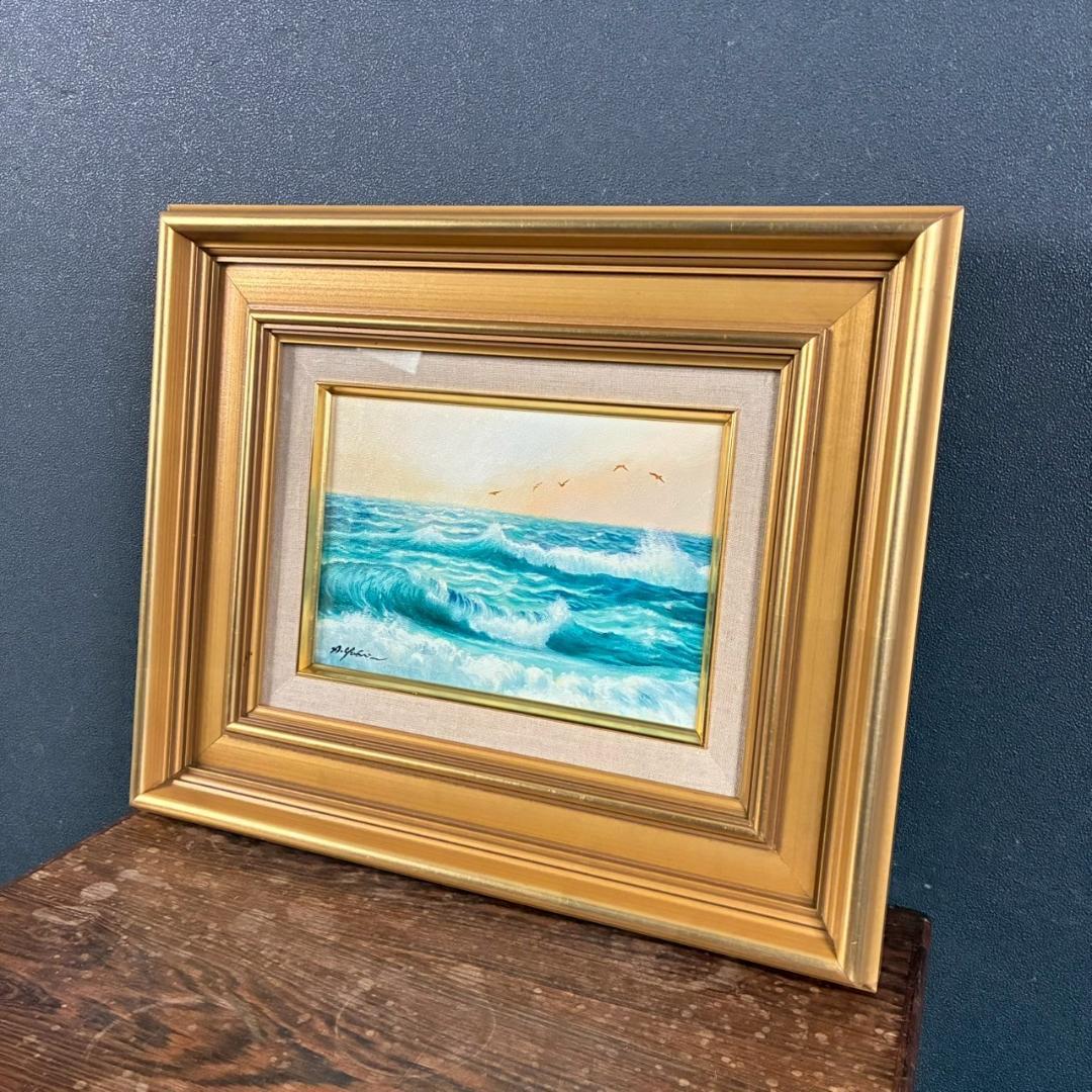 美品 矢部明「海日」油彩画 油絵 直筆サイン入り 高島屋取扱作品 定価10万円