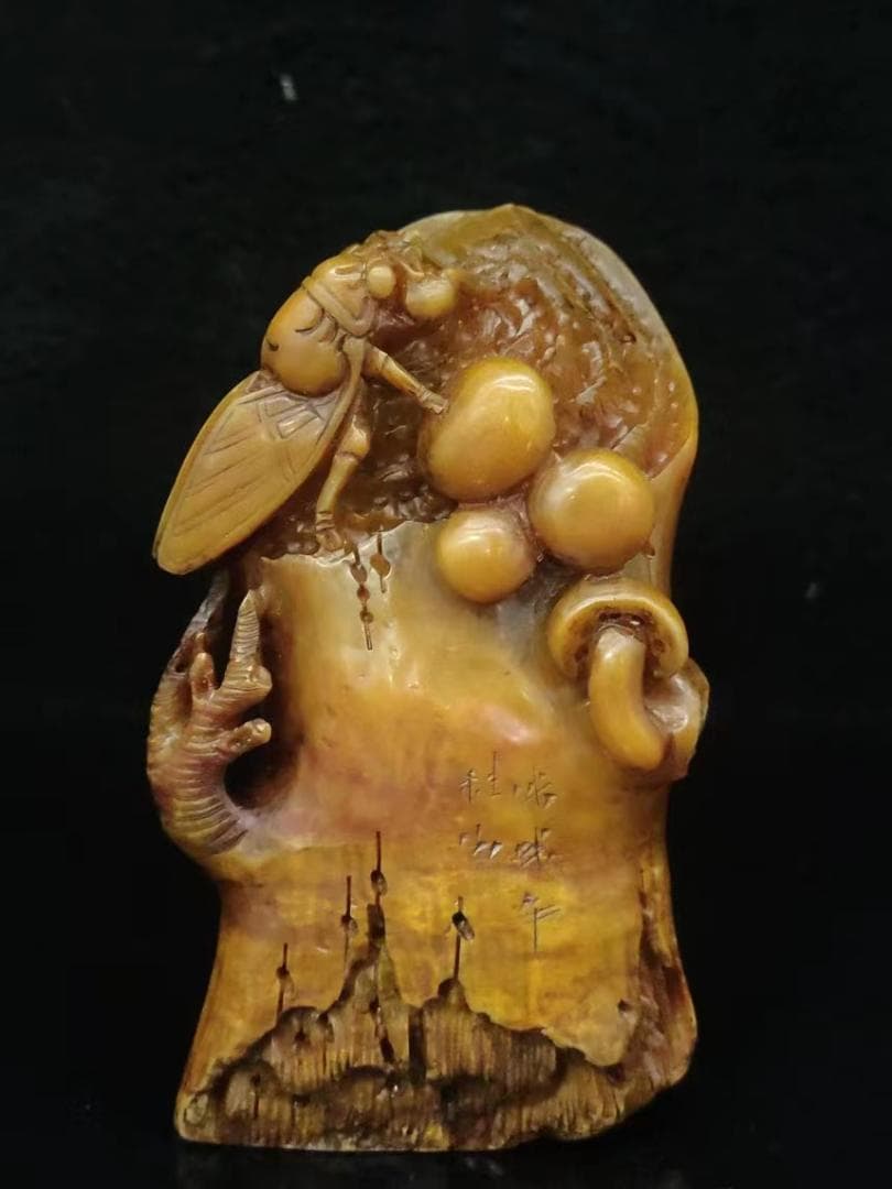 中国古美術・珍蔵木箱付蝉印章・古寿山石・印章・印鉴・書道具・案頭・置物・文房具