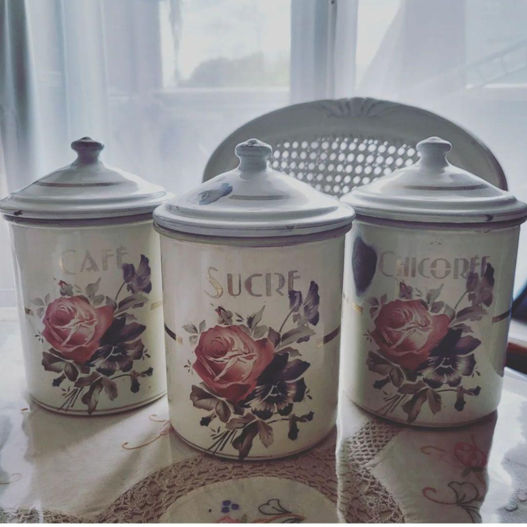 フランスアンティーク 薔薇とパンジー JAPY ホーローキャニスター 3つセット