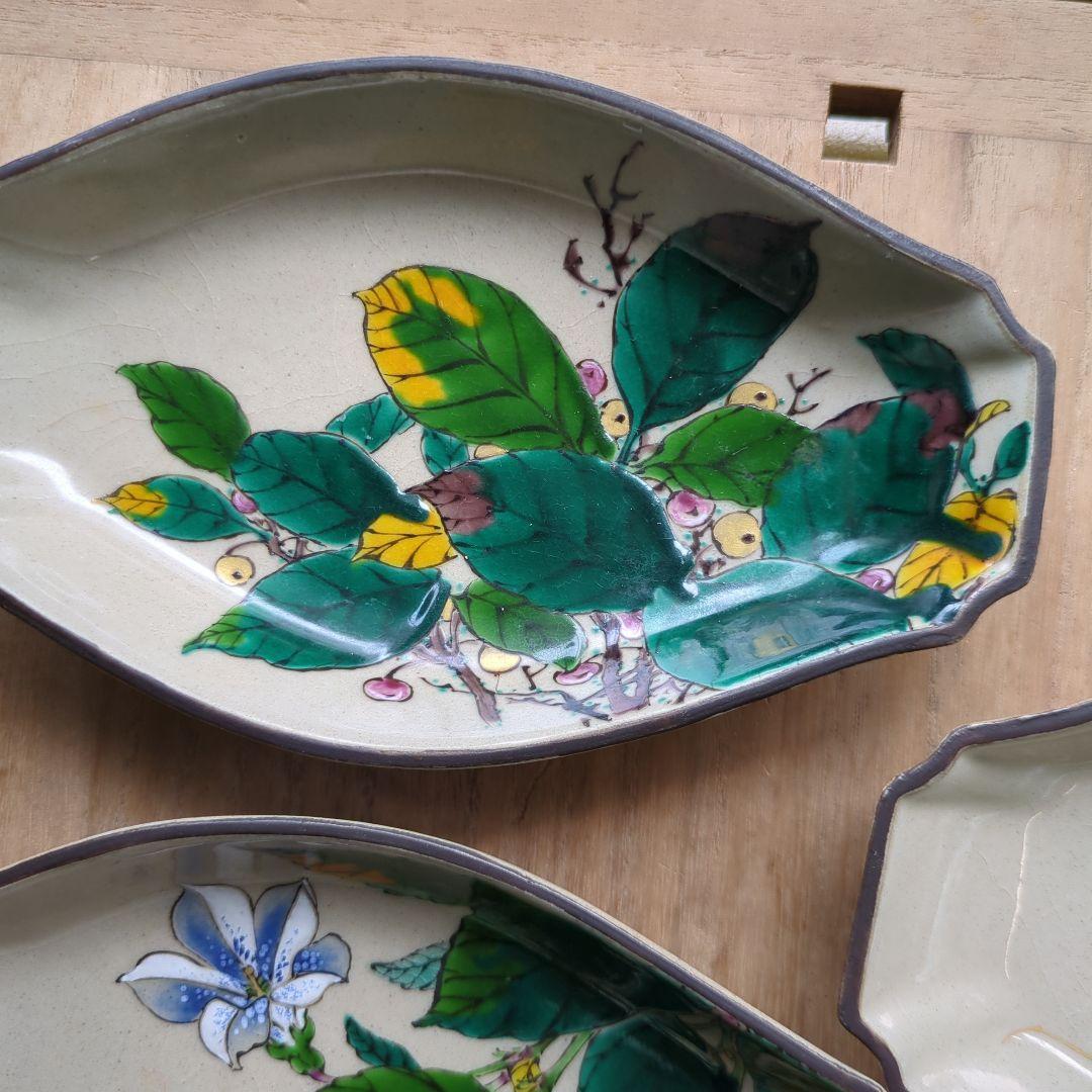 骨董 九谷焼 舟形 図変わり 色絵 花尽くし 向付 器 皿 5枚 変形皿