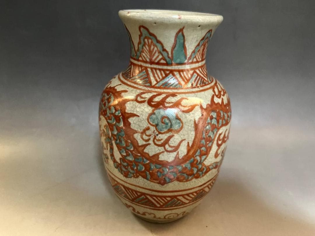 花瓶■古い赤絵龍文口広瓶 花器 花生け 置物 古玩 唐物 中国 時代物 骨董品■