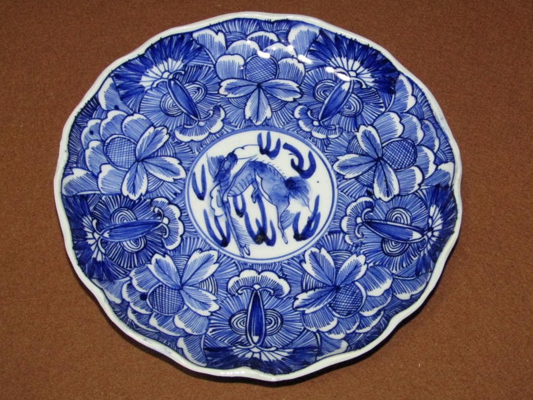 【染付　線描き花文・麒麟図　七寸皿　六枚　径２１．５cm】古伊万里