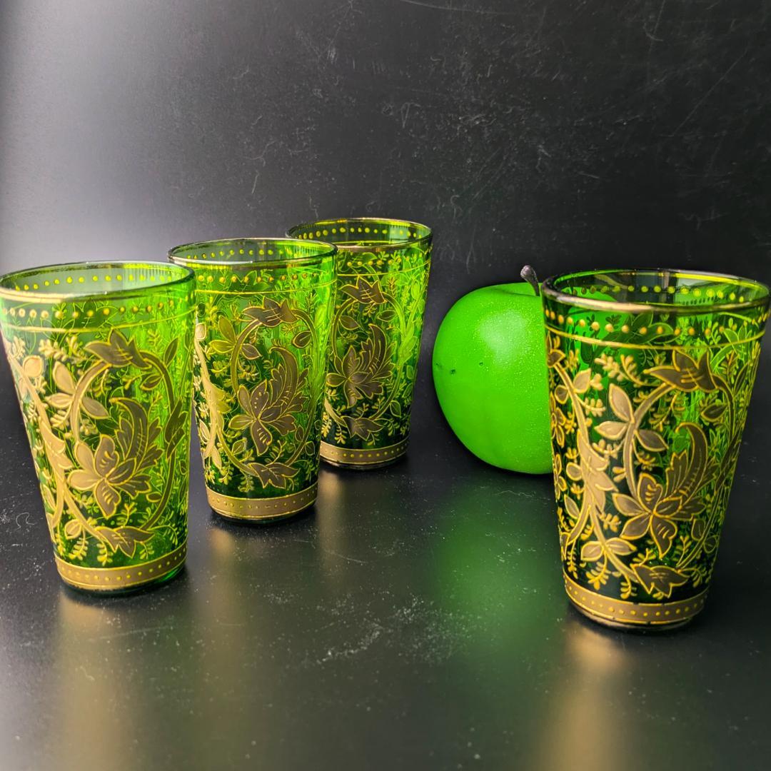 Moser モーゼル 金彩グラス 4個セット エメラルドグリーン アラベスク文様