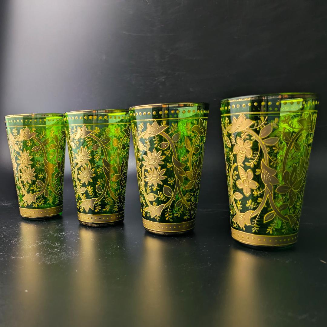 Moser モーゼル 金彩グラス 4個セット エメラルドグリーン アラベスク文様
