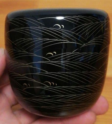 前志芸男作　沈金　波千鳥　蒔絵　共箱　共布　茶道具