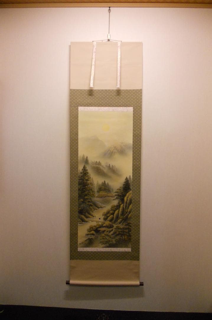 掛け軸 竹内松風 超光力 光臨 彩色山水 絹本 希少 軸装 茶道具 掛軸 美品
