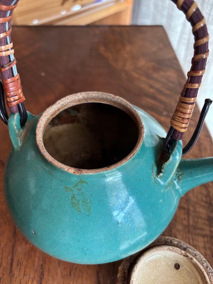 伊賀　丸柱　青　緑釉　薬土瓶　急須　民藝　古道具　希少　骨董