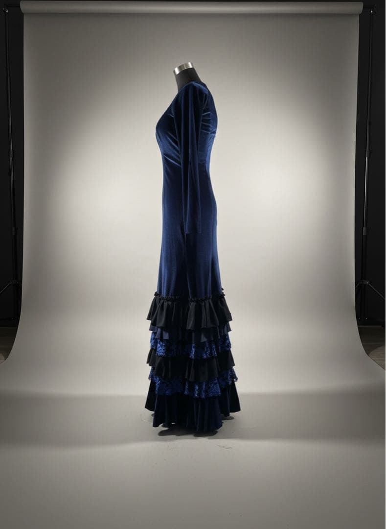 フラメンコ衣装　ワンピース　ベロア　ネイビー　ハンドメイド