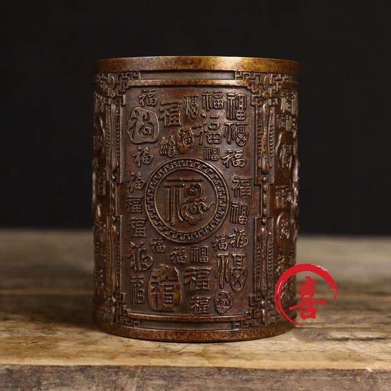 銅 細工 レリーフ百福筆筒 収納箱書道具 文房具 装飾品 工芸品 置物