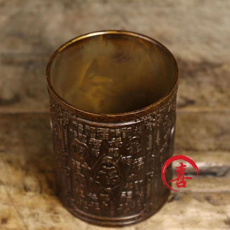 銅 細工 レリーフ百福筆筒 収納箱書道具 文房具 装飾品 工芸品 置物