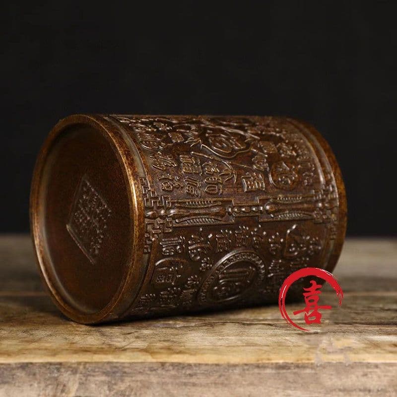 銅 細工 レリーフ百福筆筒 収納箱書道具 文房具 装飾品 工芸品 置物