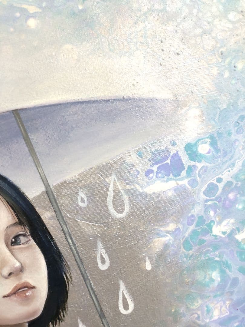 人物画【にわか雨】作者サイン入り/油絵/美人画/フルイドアート