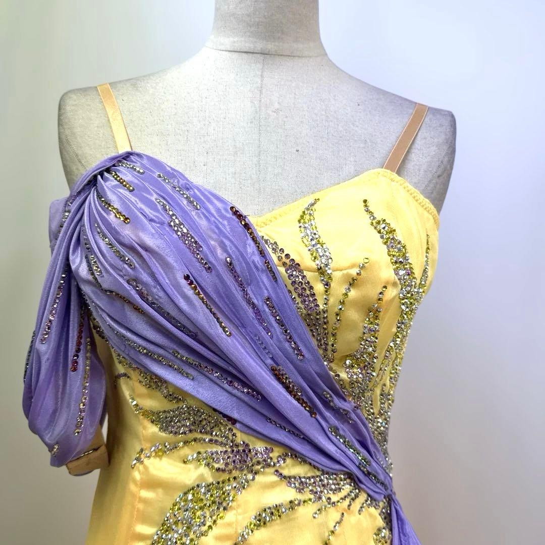 6338★ジャンティ★M 黄色 サテン スワロ スタンダード ドレス社交ダンス