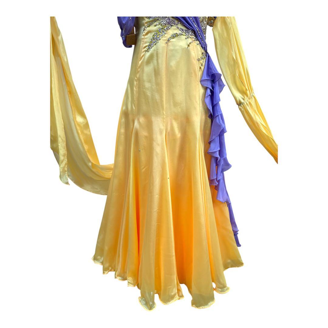 6338★ジャンティ★M 黄色 サテン スワロ スタンダード ドレス社交ダンス