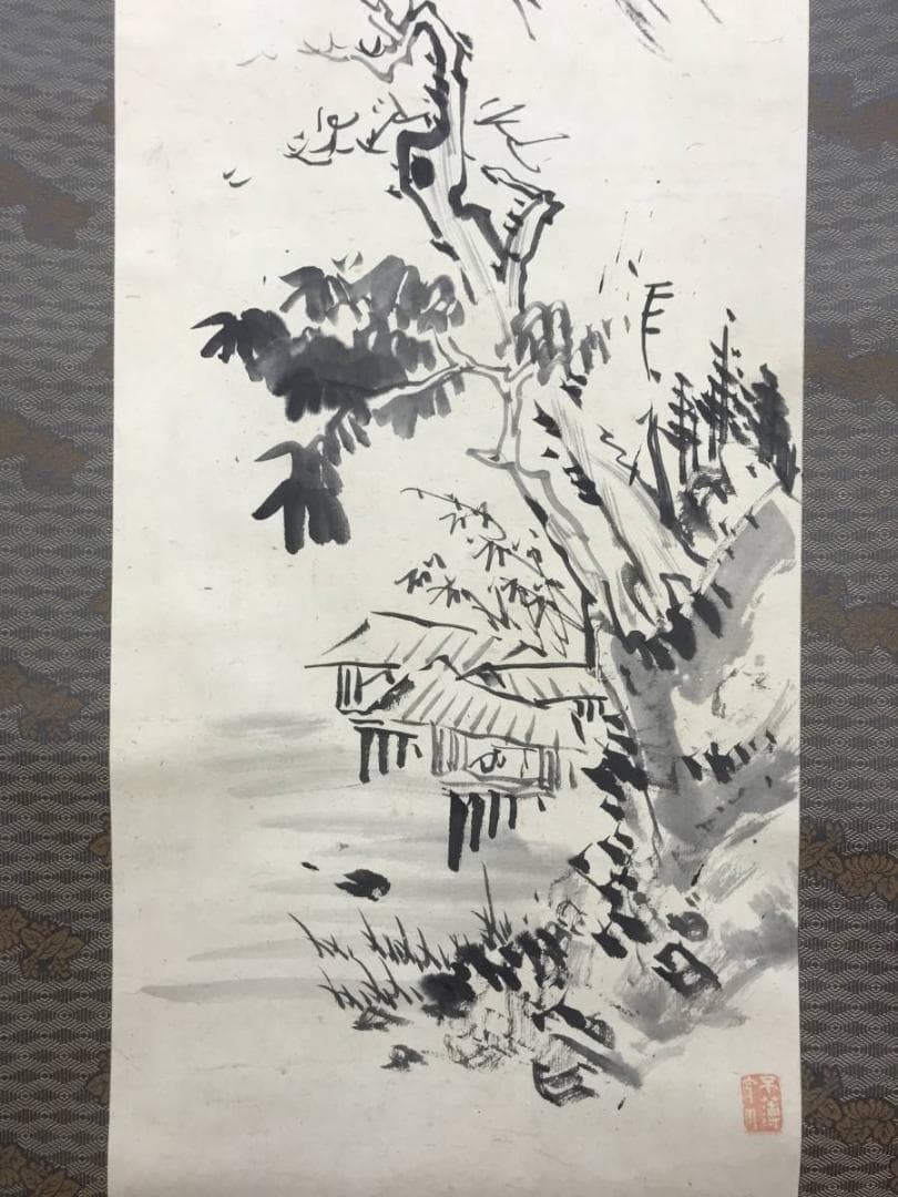 真作/日根対山/山水画賛/山水図/水墨山水図/掛軸/名家伝来/AE-2