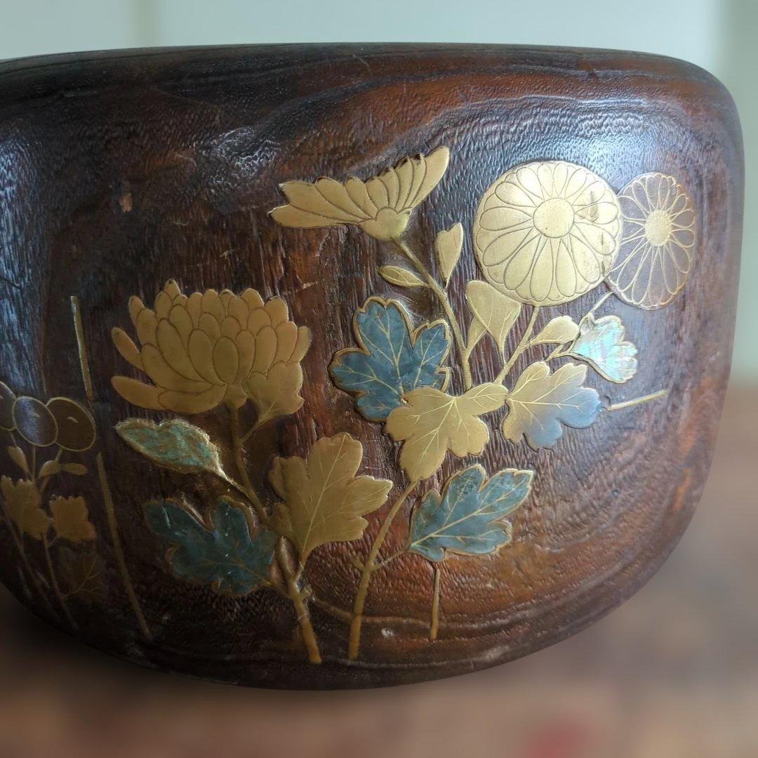 骨董　火鉢　蒔絵　螺鈿　大振り　内側銅器　花入　鉢カバー