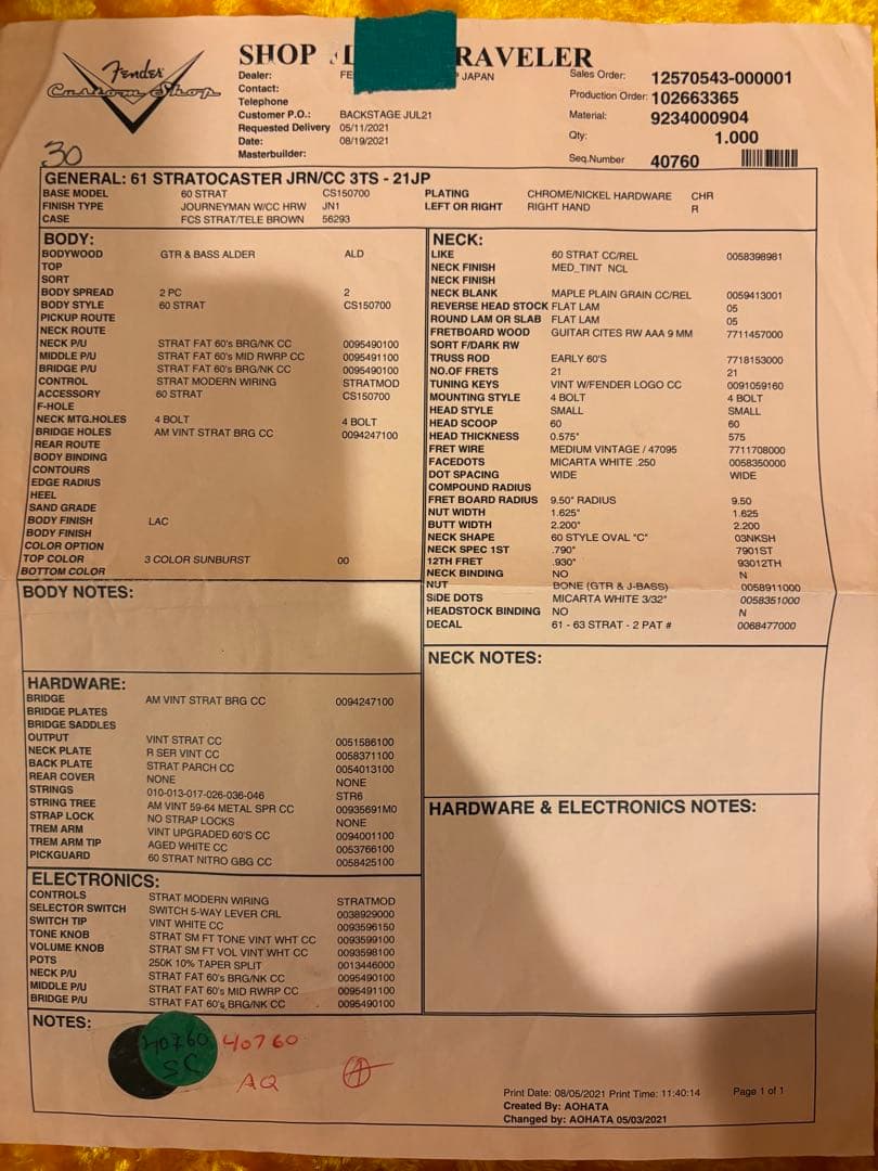 ギター Fender Custom Shop 1961 Stratocaster