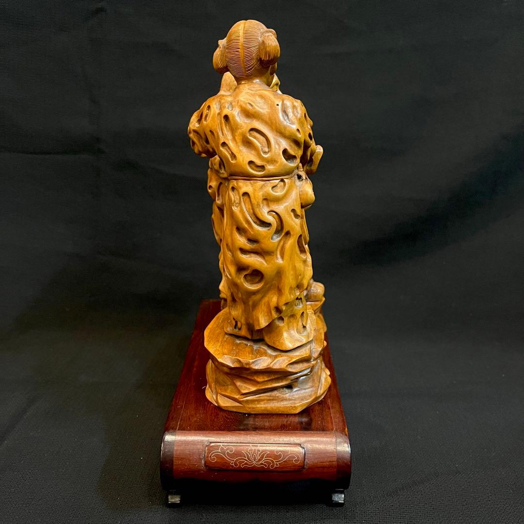 【超希少】 中国美術 高級天然木彫刻 木彫り 置物 耳掻き 夫婦 翁 一刀彫
