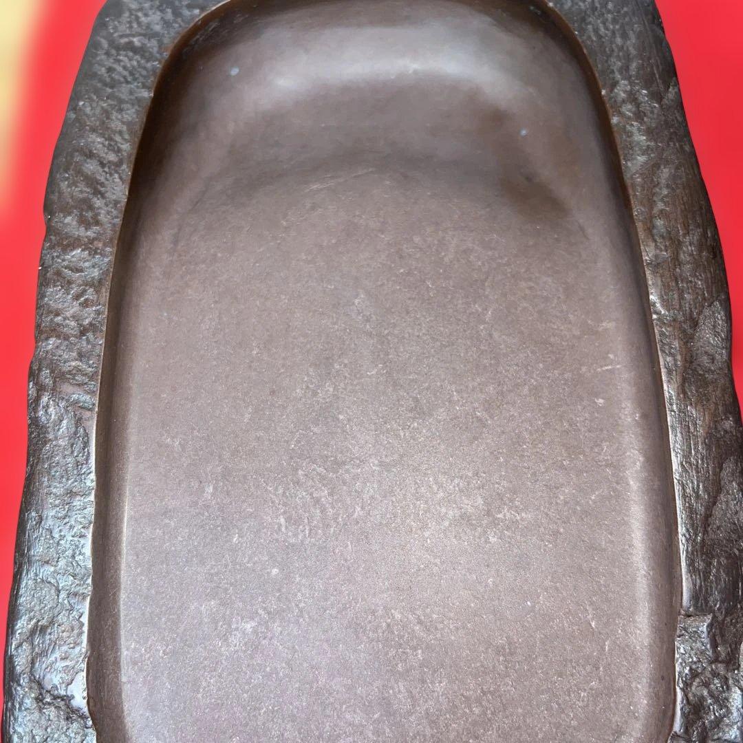 ⭕️赤間硯　野面硯　植野玉泉堂　6寸大　34mmの厚手　墨たっぷり　会津漆塗箱付き