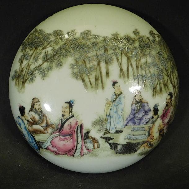 【中国美術　粉彩　竹林七賢人図　蓋物（大香合）／玩玉】