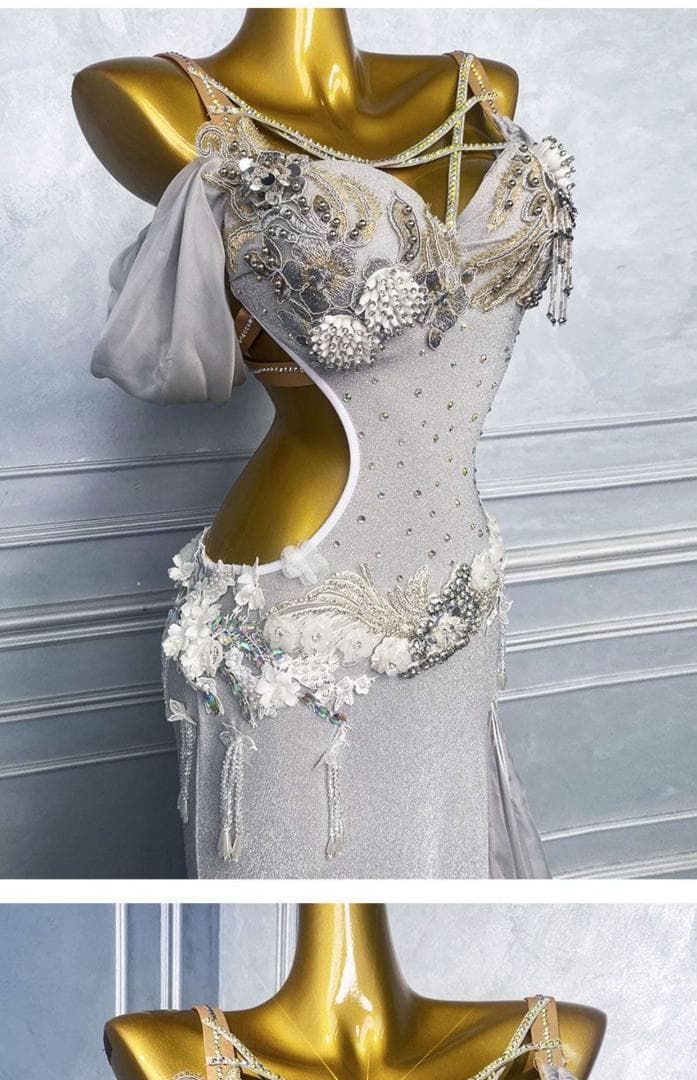 ベリーダンス衣装 シルバービジュー舞台ロングドレスエレガント 社交ダンスドレス