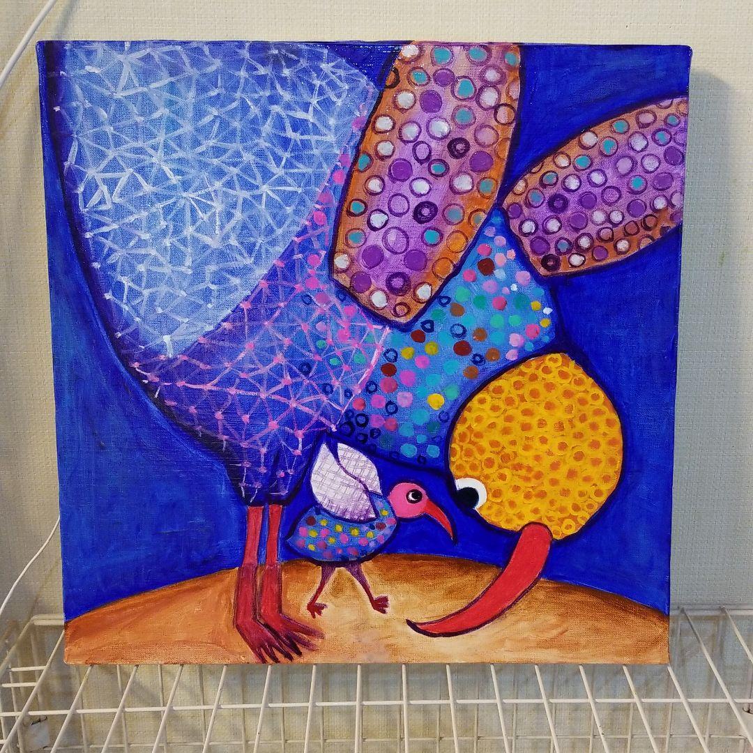 油絵　ゆうみ　羽ばたく練習を見る鳥