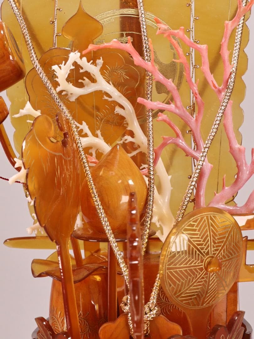 BK194　本鼈甲 「 鳳凰宝船 」 寶船　べっ甲　置物　床飾　珊瑚細工　台付