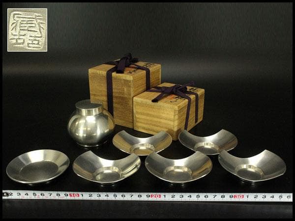 煎茶 蔵苑作 錫 茶入 茶托 瓶敷 まとめて (LC812)