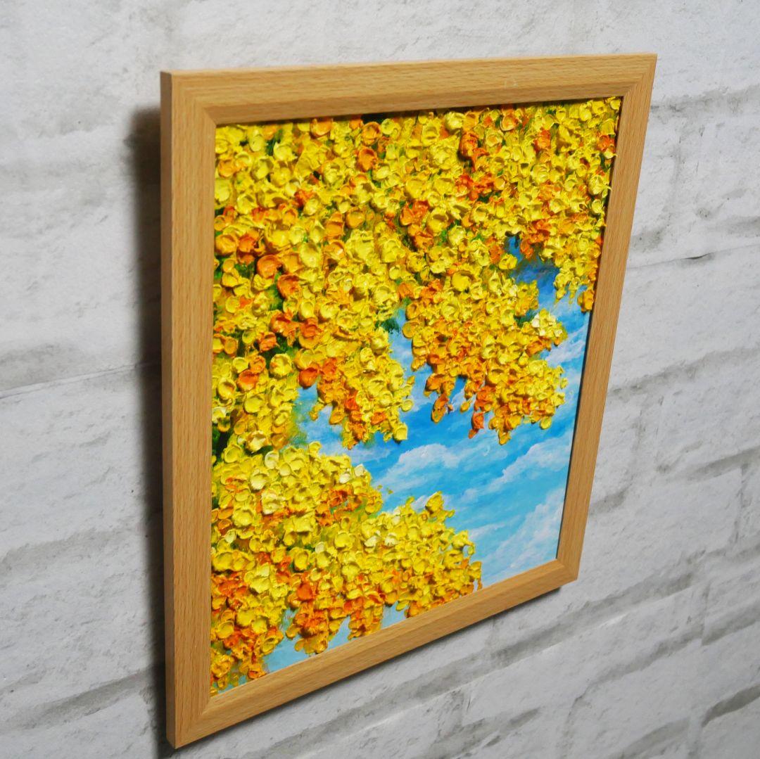 油絵 油彩 油彩画 絵 絵画 【青空に咲くミモザ 】